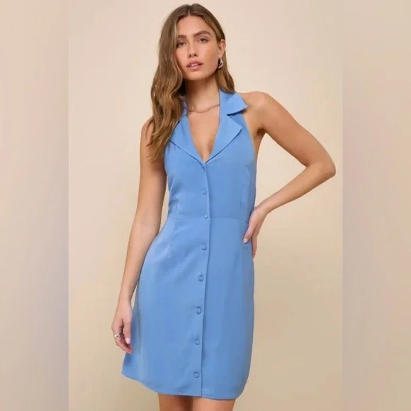 Lulus Extremely Chic Blue Collared Tie-Back Button-Up Mini Dress Size Small - Picture 1 of 9